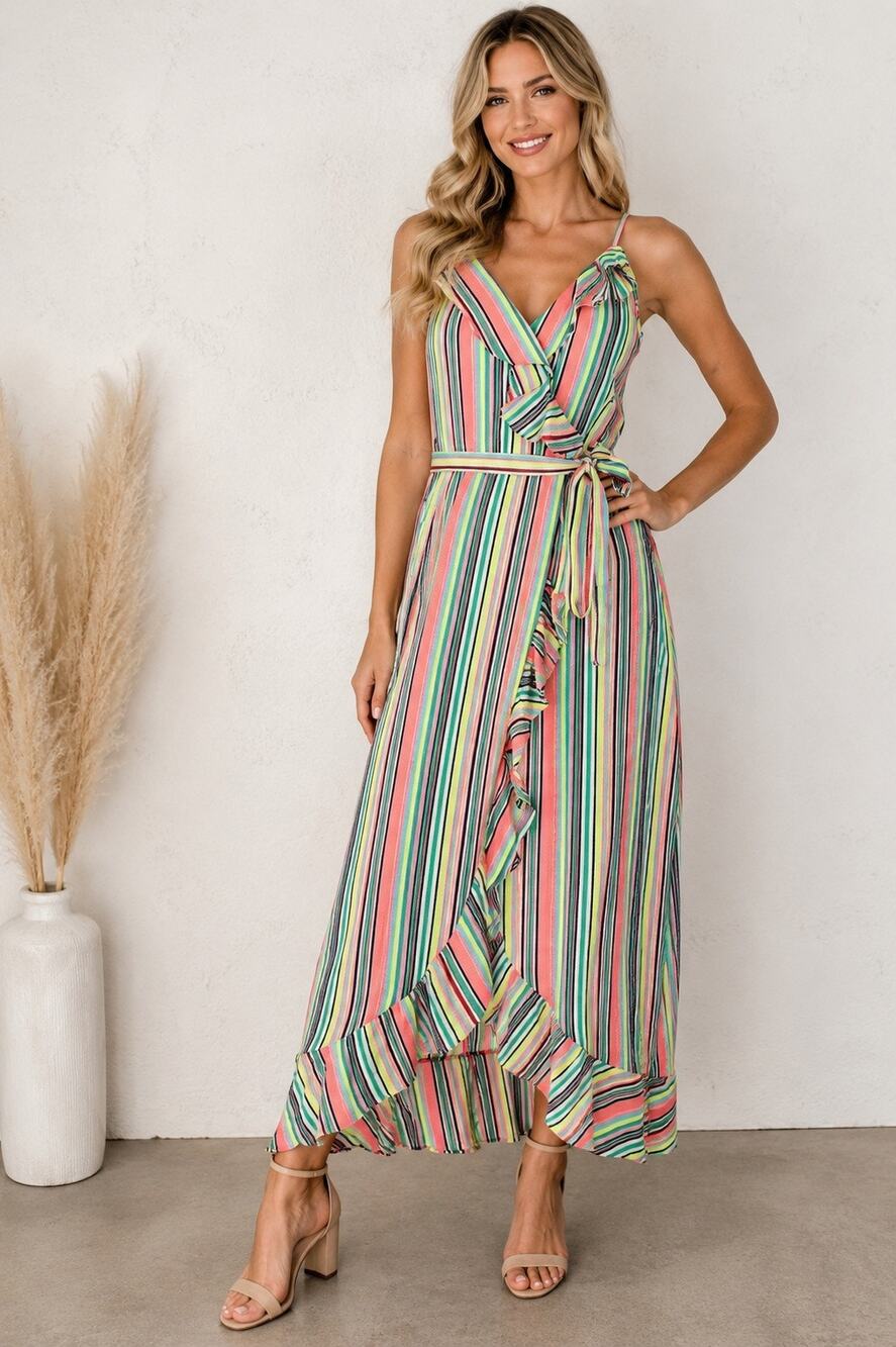 Love…Ady Neon Stripe Ruffle Wrap Maxi Dress Medium NWOT High Low Hem USA